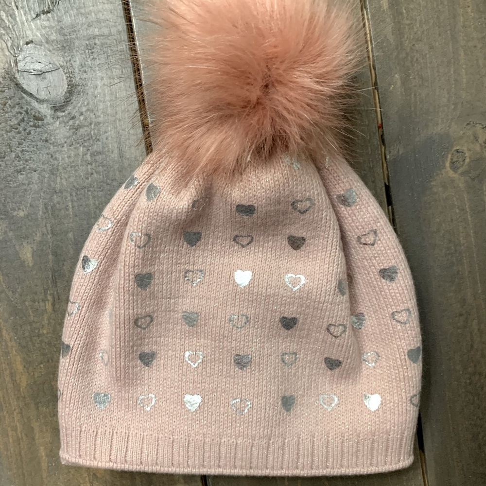 EUC pink and silver heart girls toque with pom pom